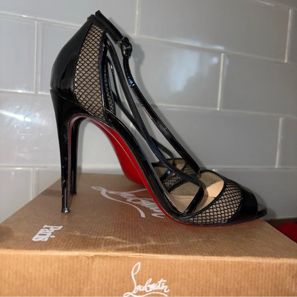 Christian Louboutin Black Patent & Mesh Slingback Heels with Red Soles